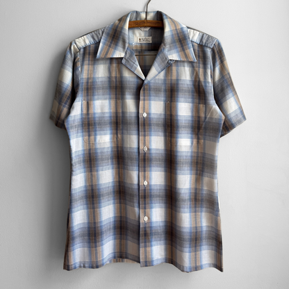 1970s Blue & White Shadow Plaid Sport Shirt