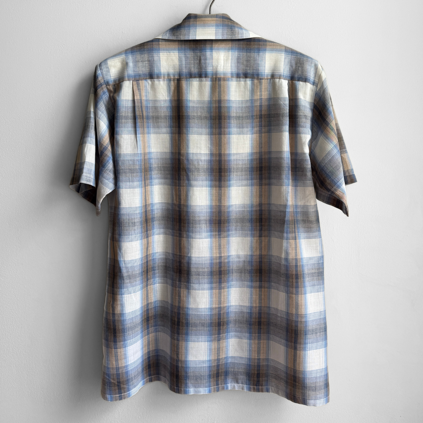 1970s Blue & White Shadow Plaid Sport Shirt