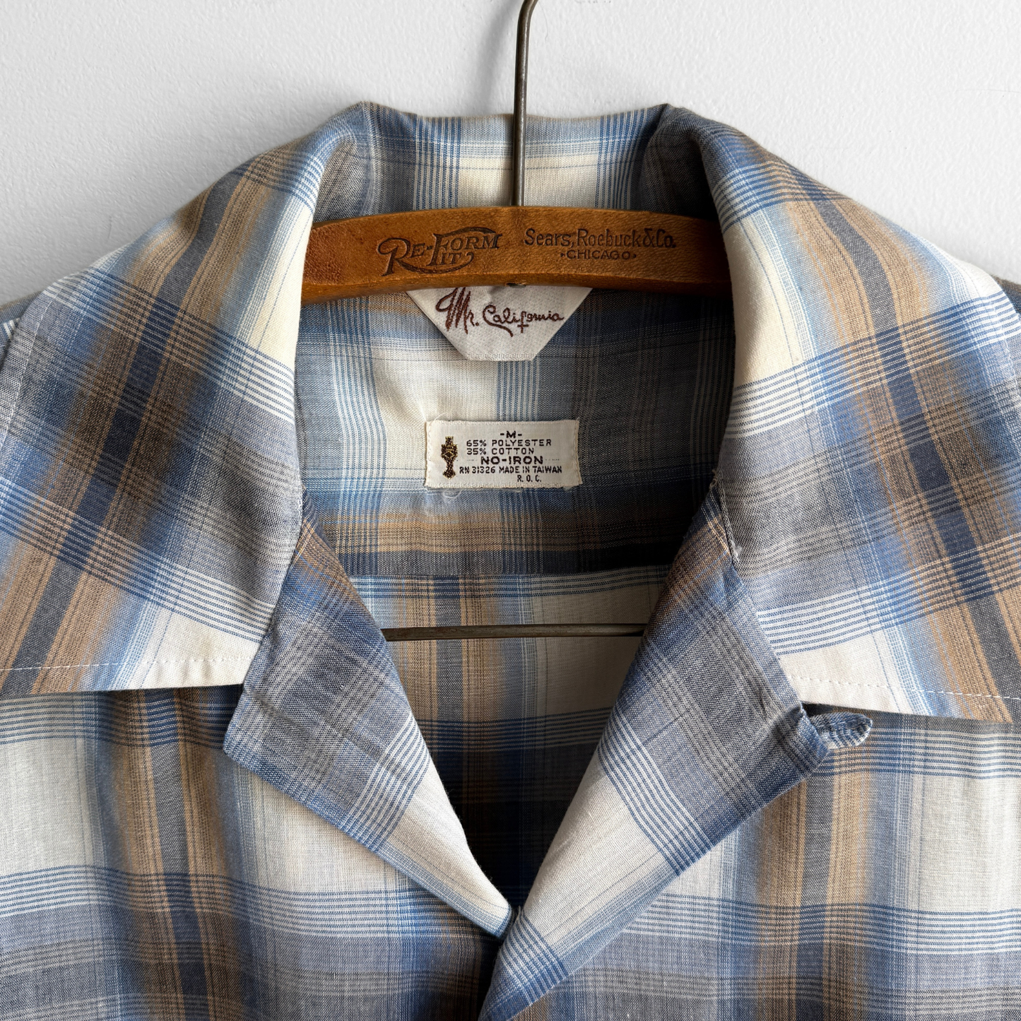 1970s Blue & White Shadow Plaid Sport Shirt
