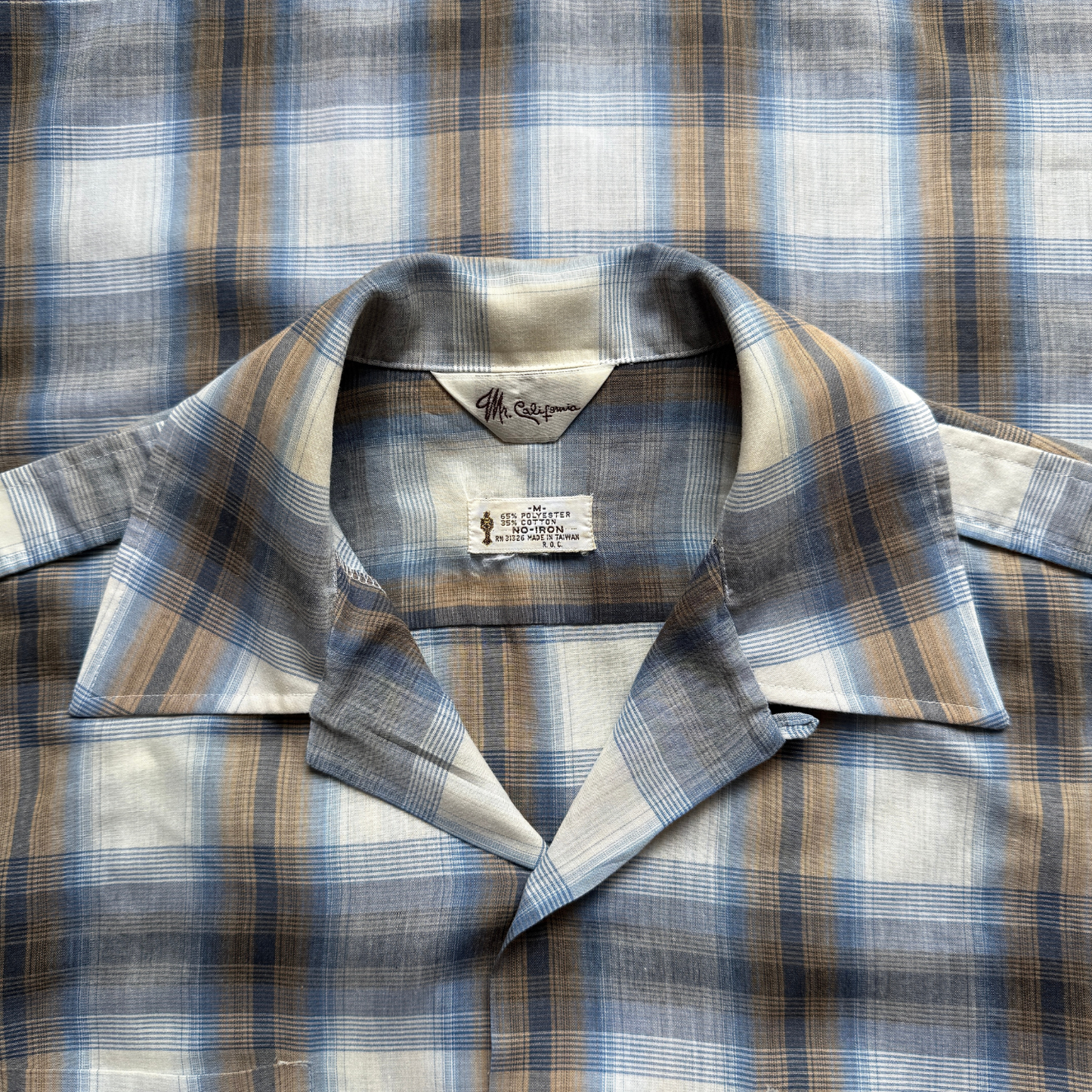 1970s Blue & White Shadow Plaid Sport Shirt