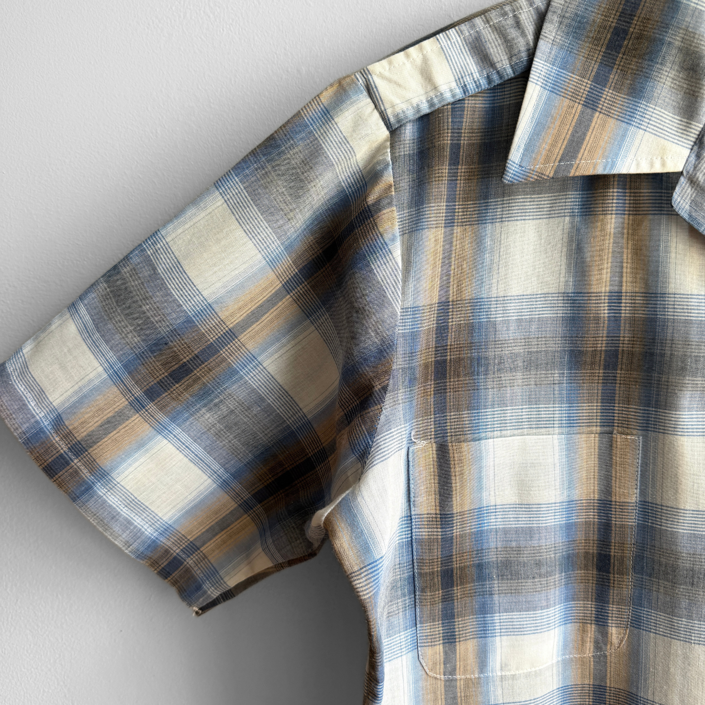 1970s Blue & White Shadow Plaid Sport Shirt