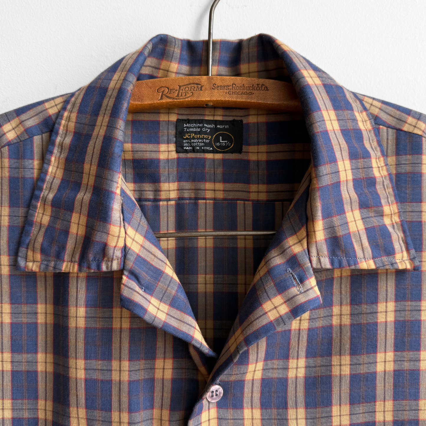 1970s Blue & Tan Plaid Sport Shirt