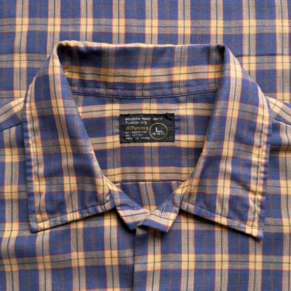 1970s Blue & Tan Plaid Sport Shirt