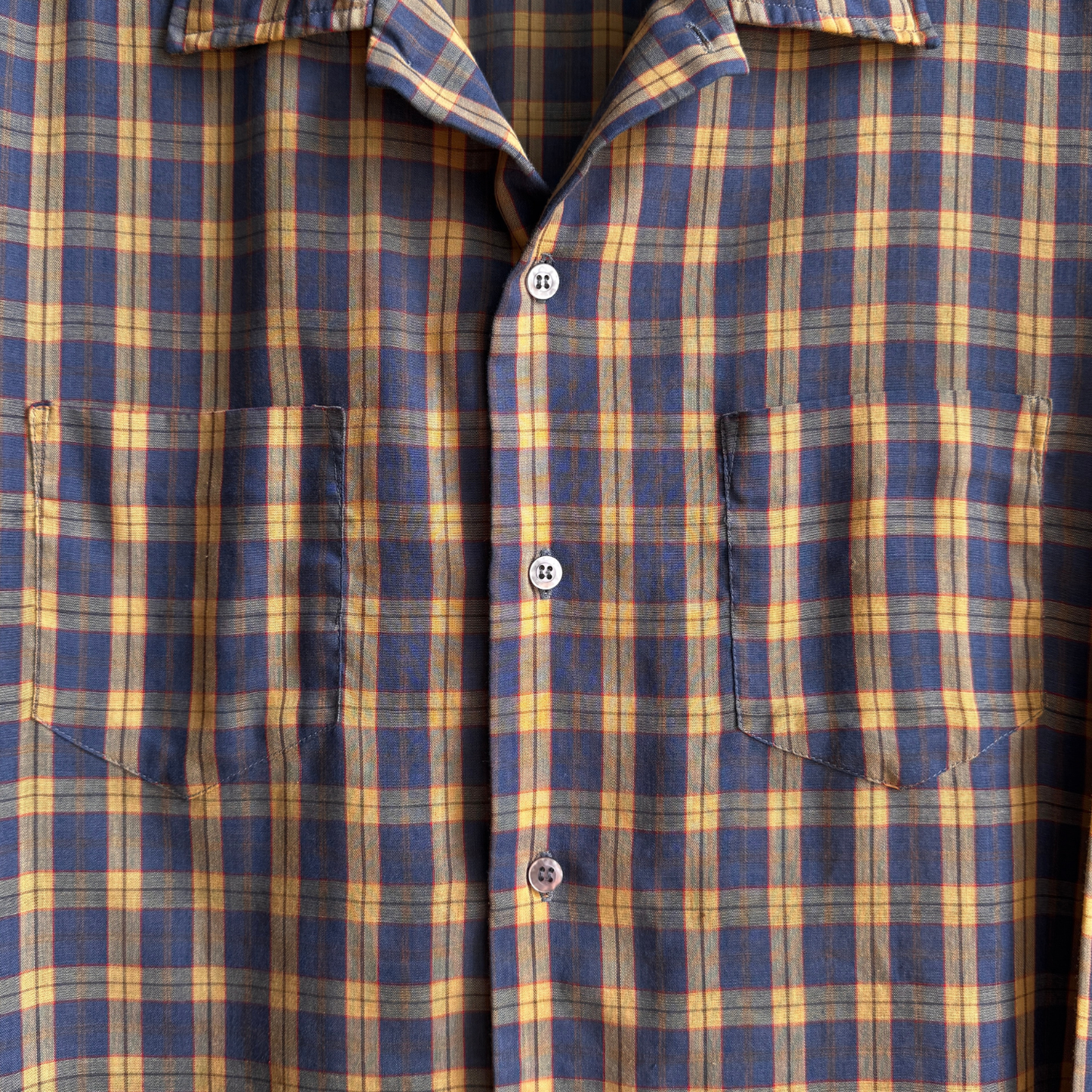 1970s Blue & Tan Plaid Sport Shirt