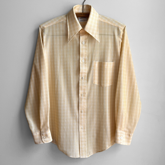 1970s Light Orange Checkered Print Dress Shirt