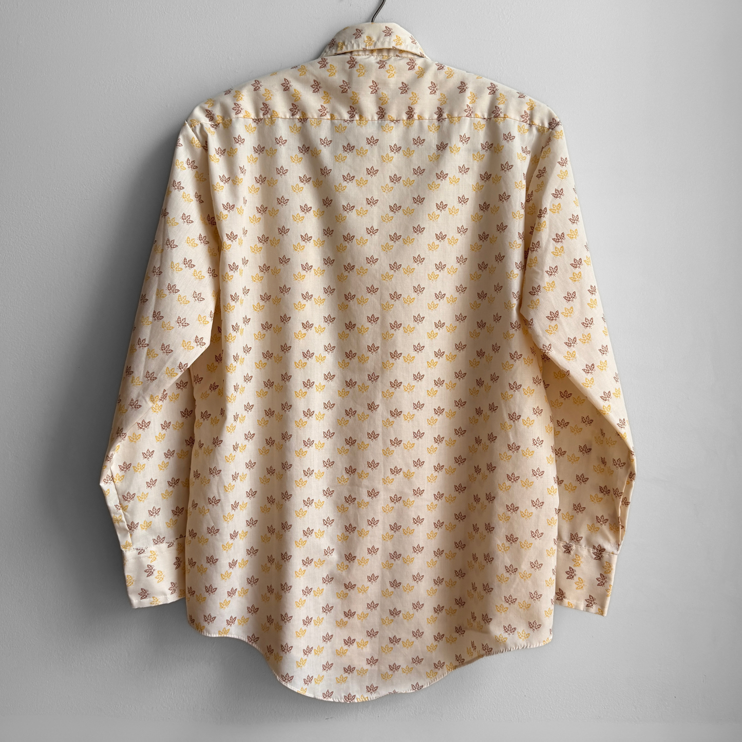 1970s Light Orange Autumn Leaf Print Dress Shirt