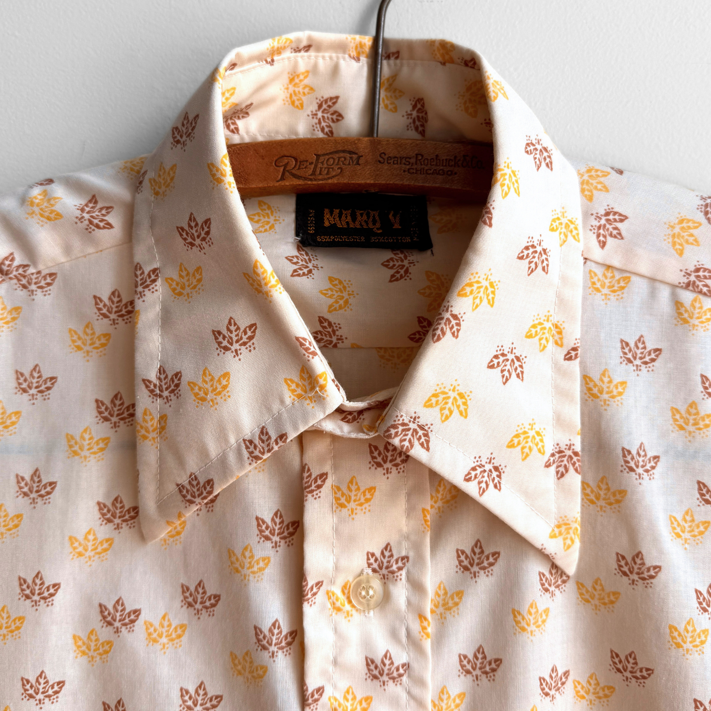 1970s Light Orange Autumn Leaf Print Dress Shirt