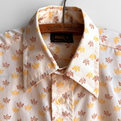 1970s Light Orange Autumn Leaf Print Dress Shirt