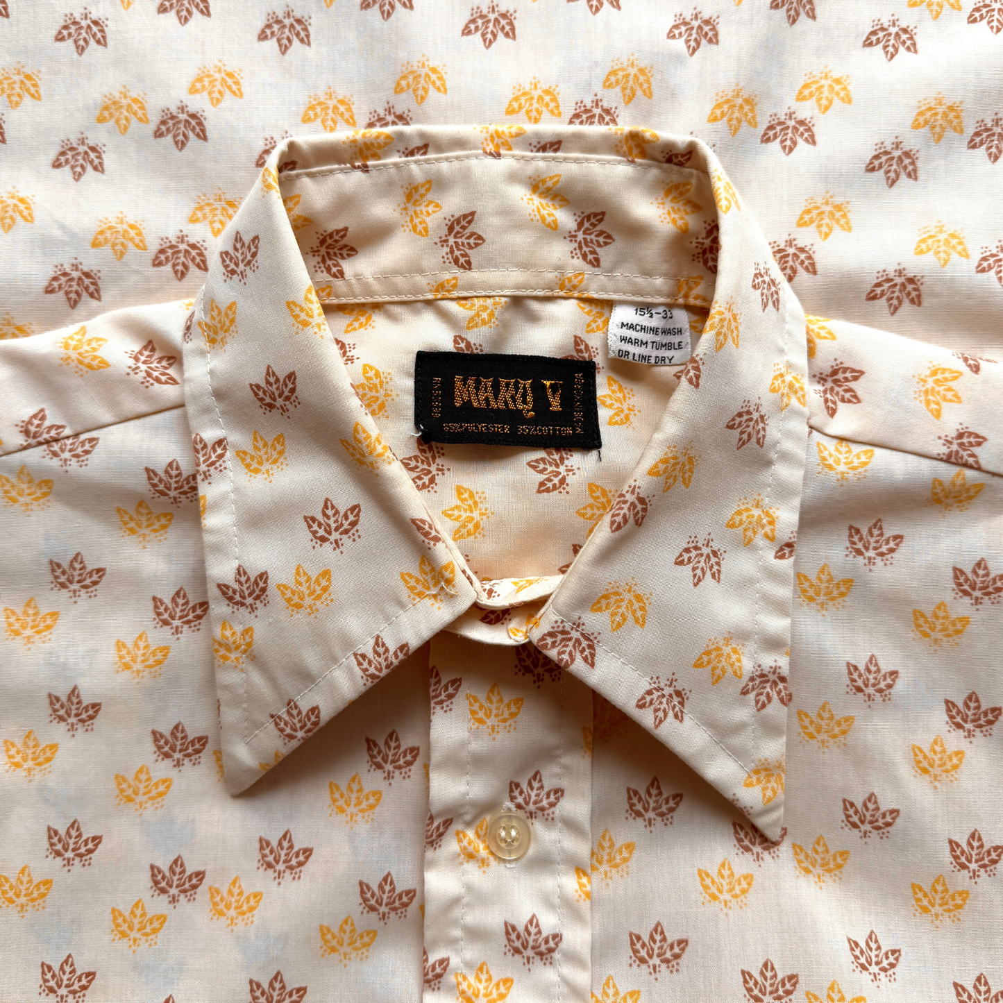 1970s Light Orange Autumn Leaf Print Dress Shirt