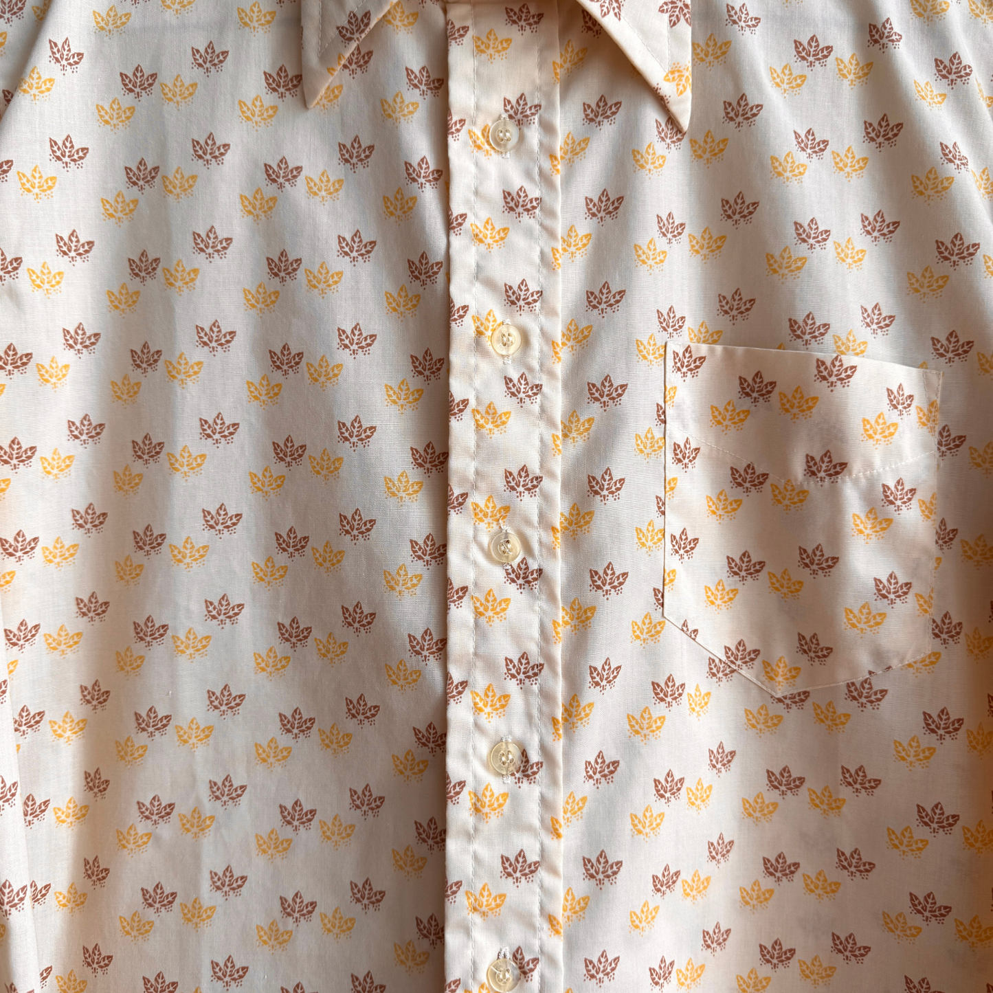 1970s Light Orange Autumn Leaf Print Dress Shirt