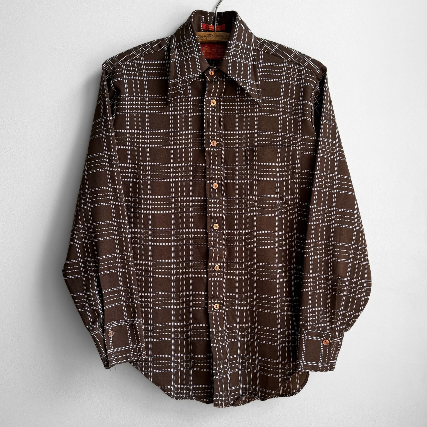 1970s Dark Brown Dotted Print Dress Shirt
