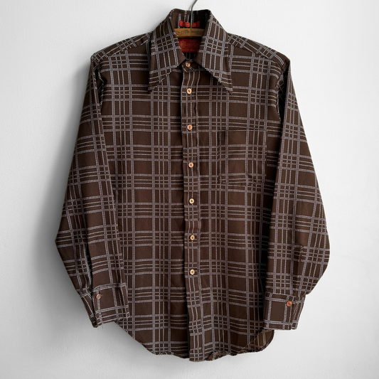 1970s Dark Brown Dotted Print Dress Shirt
