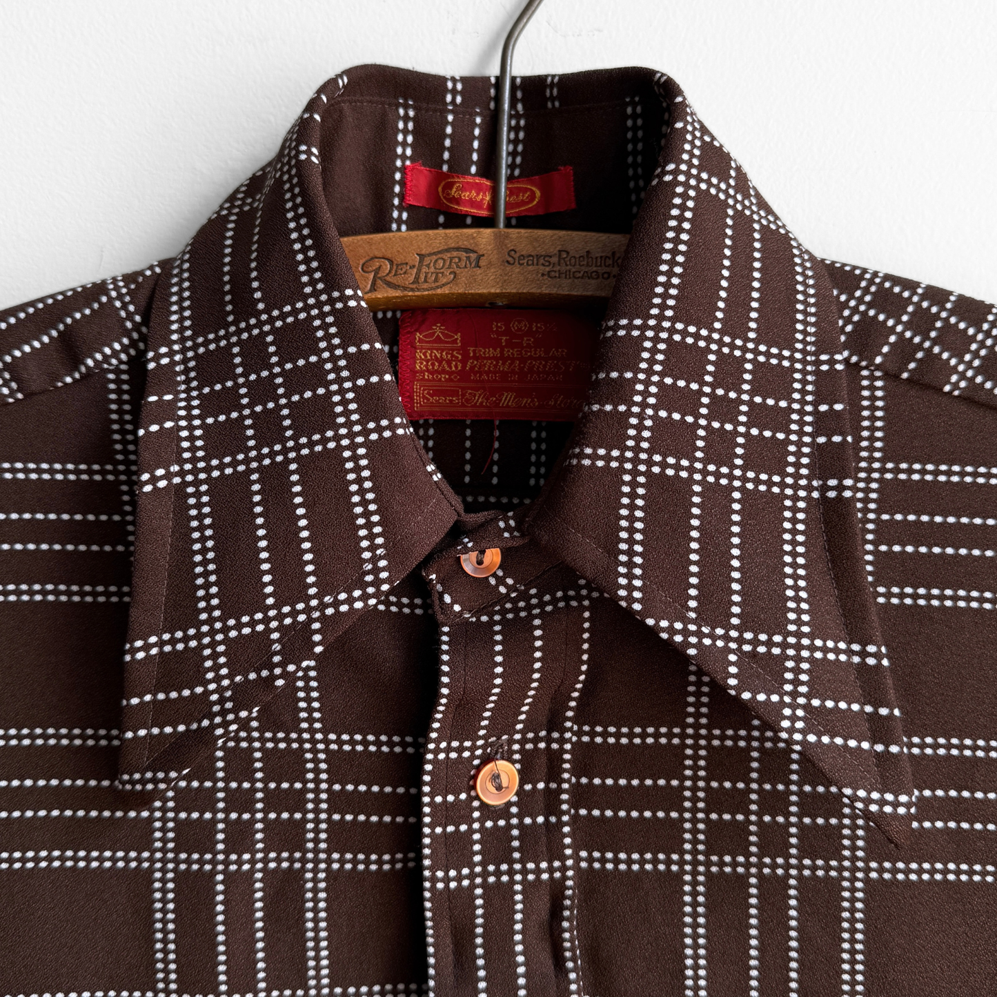 1970s Dark Brown Dotted Print Dress Shirt