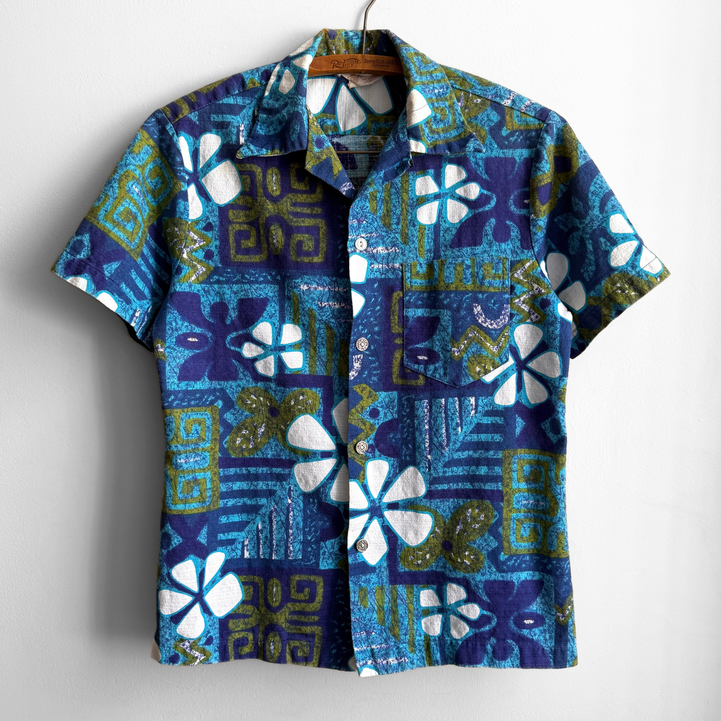 1960s Blue & Green Floral Barkcloth Hawaiian Shirt