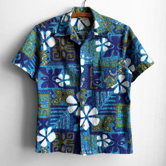 1960s Blue & Green Floral Barkcloth Hawaiian Shirt
