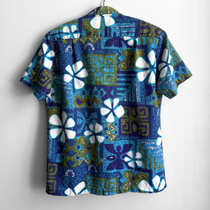 1960s Blue & Green Floral Barkcloth Hawaiian Shirt