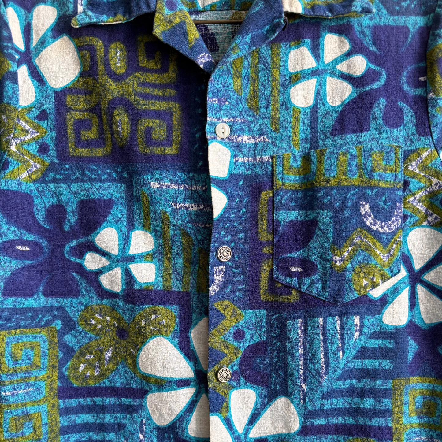 1960s Blue & Green Floral Barkcloth Hawaiian Shirt