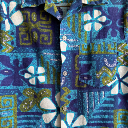 1960s Blue & Green Floral Barkcloth Hawaiian Shirt