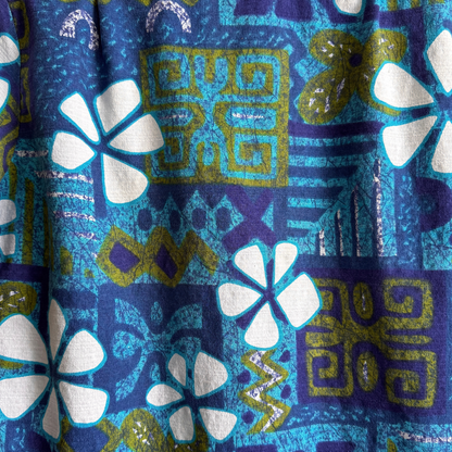 1960s Blue & Green Floral Barkcloth Hawaiian Shirt