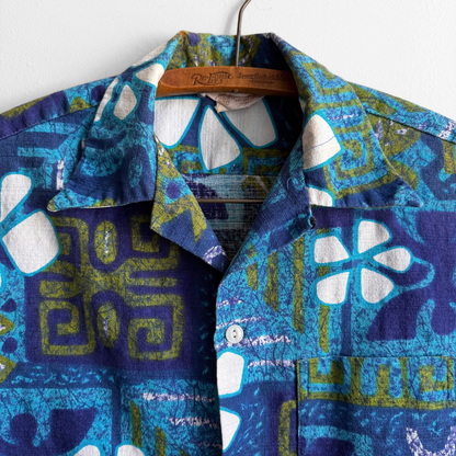 1960s Blue & Green Floral Barkcloth Hawaiian Shirt