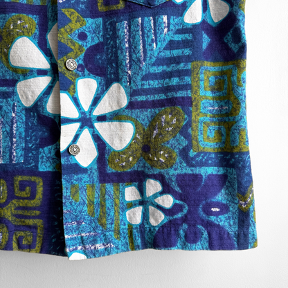 1960s Blue & Green Floral Barkcloth Hawaiian Shirt