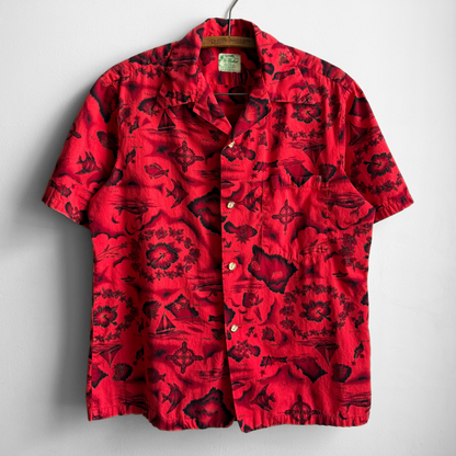 1960s Red Hibiscus Nautical Hawaiian Shirt