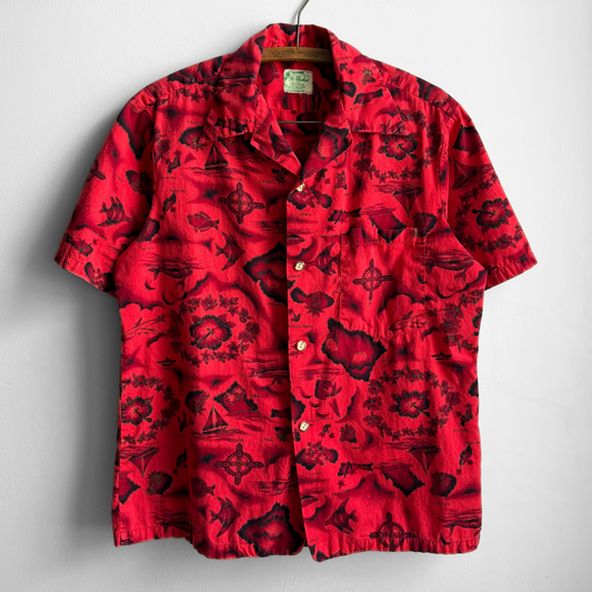1960s Red Hibiscus Nautical Hawaiian Shirt