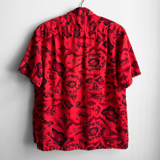 1960s Red Hibiscus Nautical Hawaiian Shirt