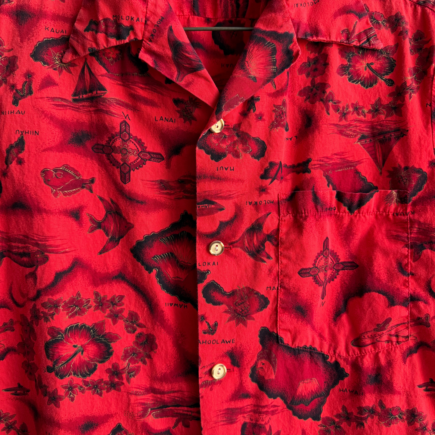 1960s Red Hibiscus Nautical Hawaiian Shirt
