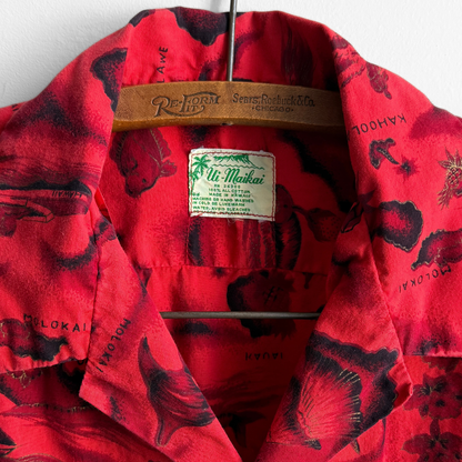 1960s Red Hibiscus Nautical Hawaiian Shirt