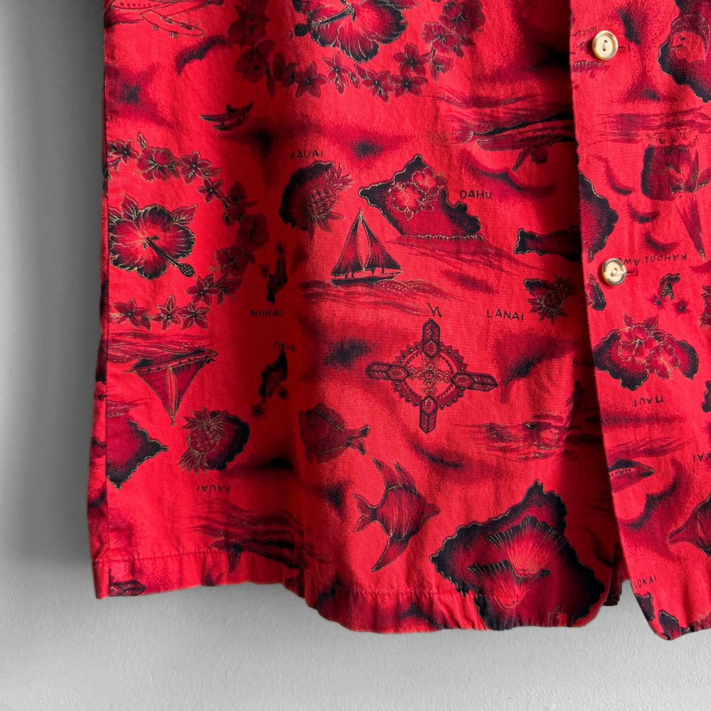 1960s Red Hibiscus Nautical Hawaiian Shirt