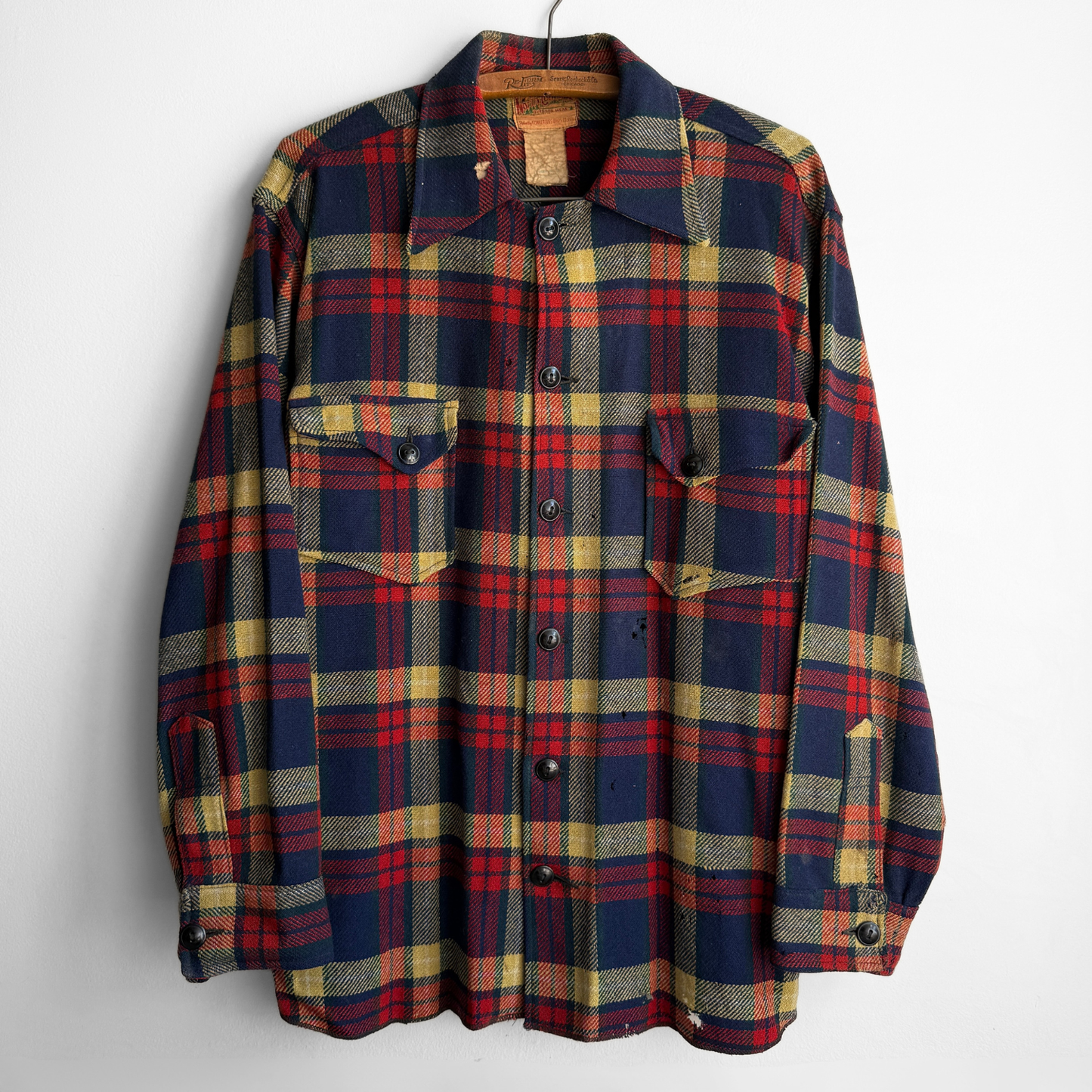 1940s Navy Blue & Red Plaid Flannel Shirt