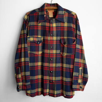 1940s Navy Blue & Red Plaid Flannel Shirt