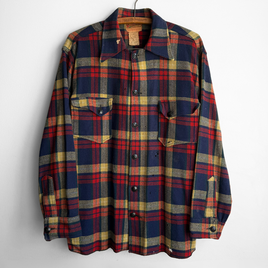 1940s Navy Blue & Red Plaid Flannel Shirt