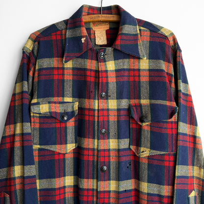 1940s Navy Blue & Red Plaid Flannel Shirt