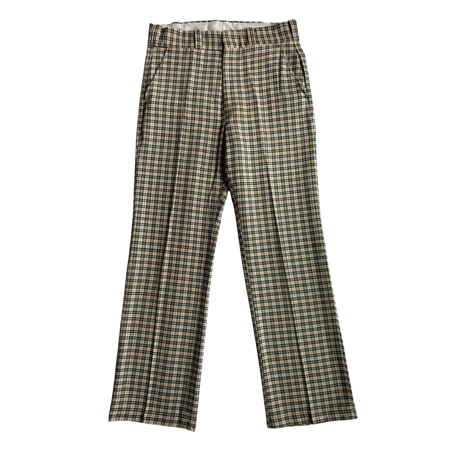 1970s Green & Cream Plaid Check Dress Pants (31)