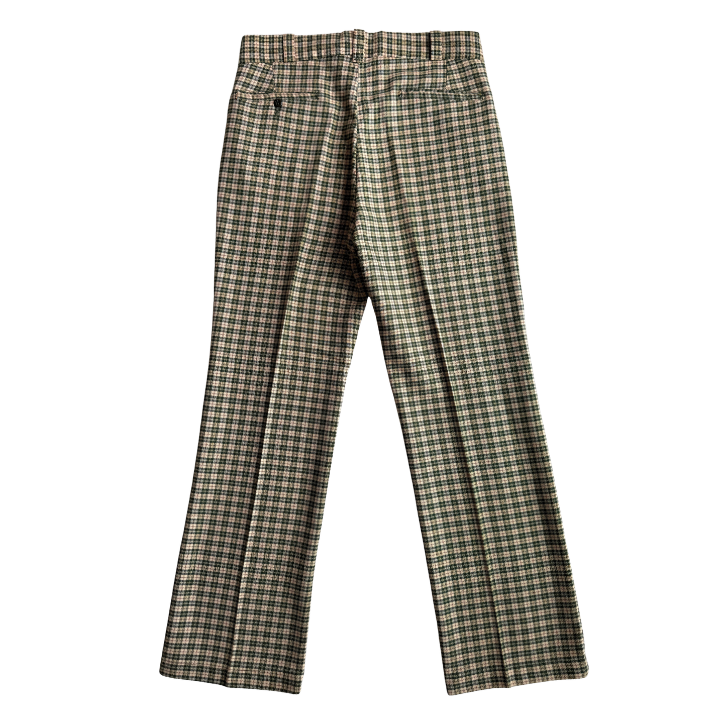 1970s Green & Cream Plaid Check Dress Pants (31)