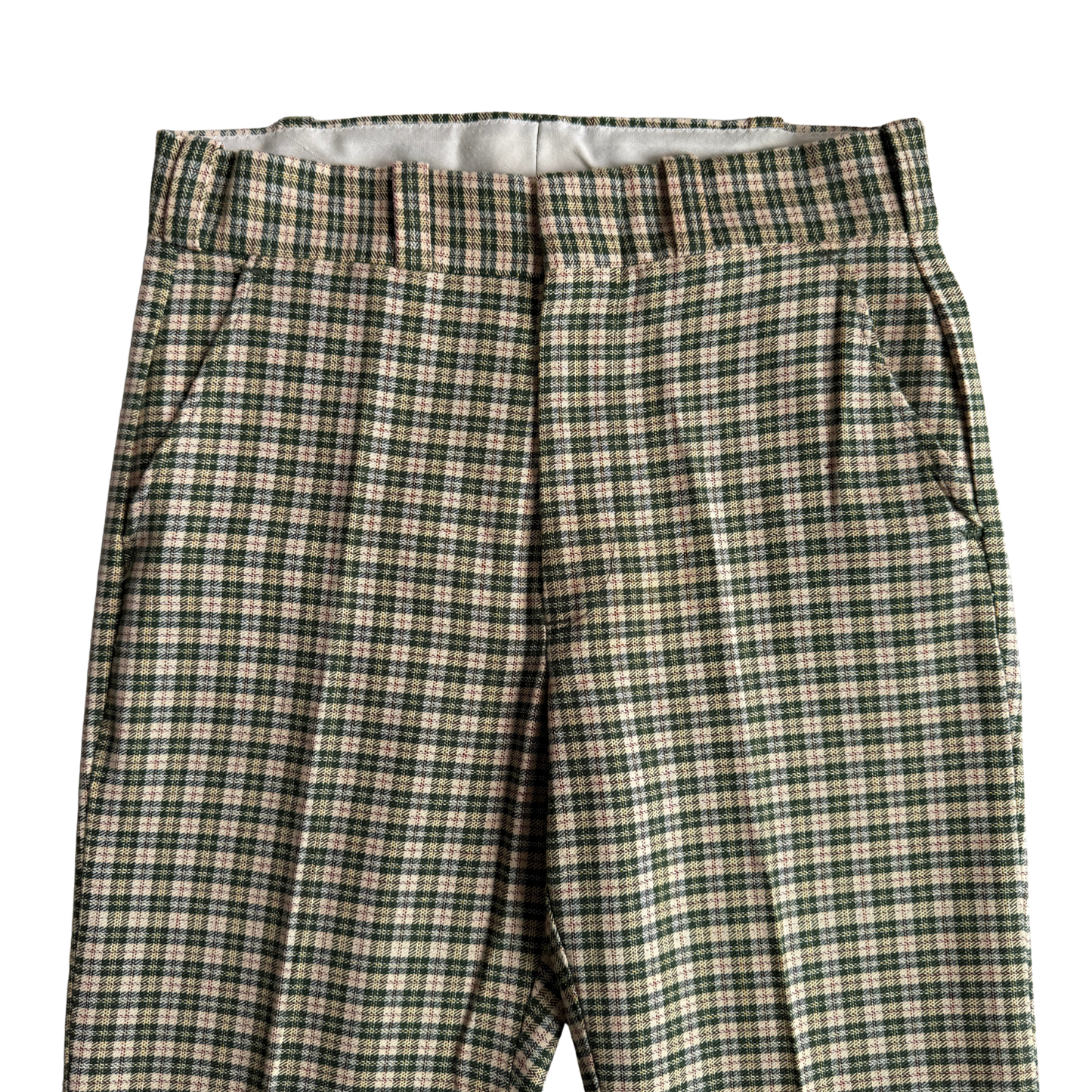 1970s Green & Cream Plaid Check Dress Pants (31)