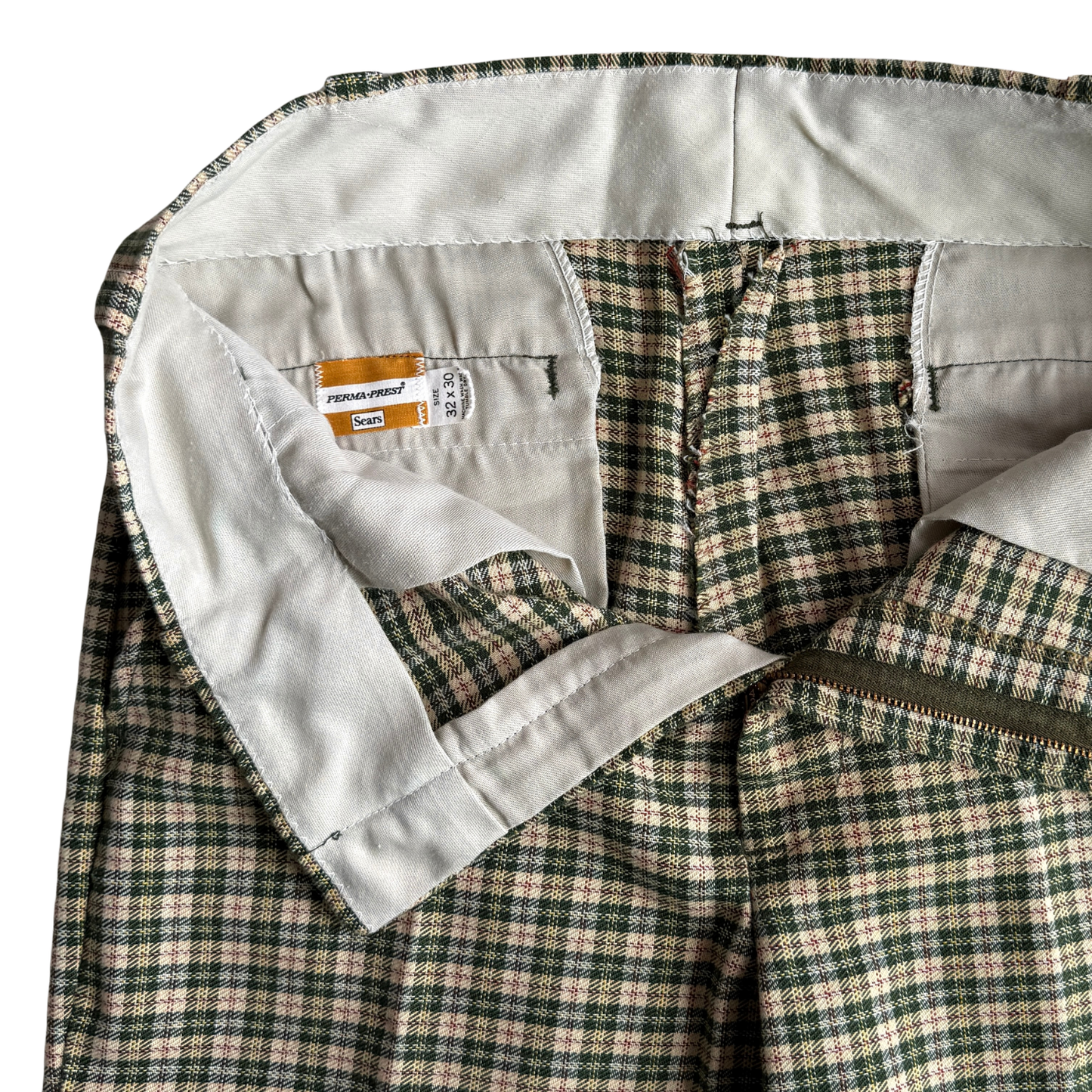 1970s Green & Cream Plaid Check Dress Pants (31)