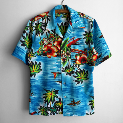 1970s Blue Hibiscus Palm Print Hawaiian Shirt