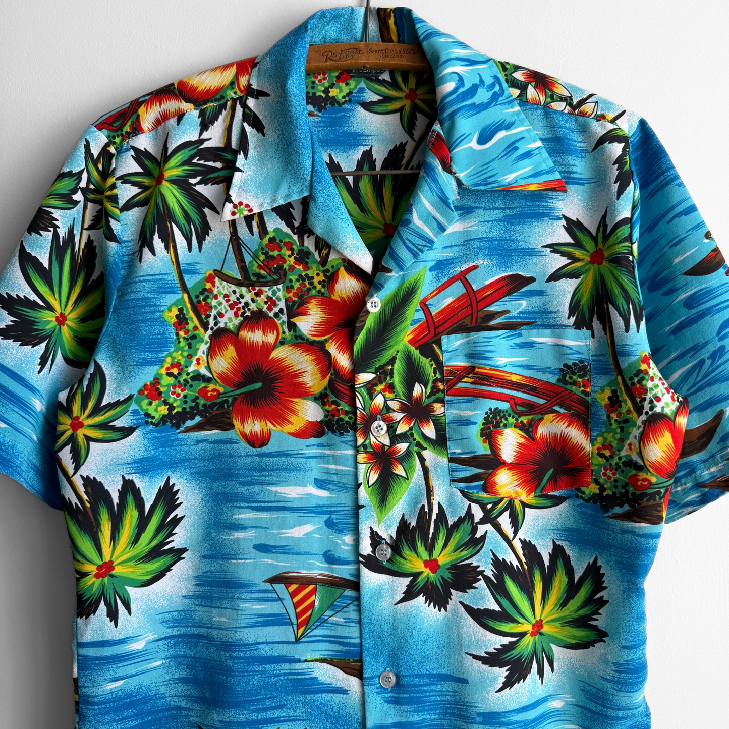 1970s Blue Hibiscus Palm Print Hawaiian Shirt