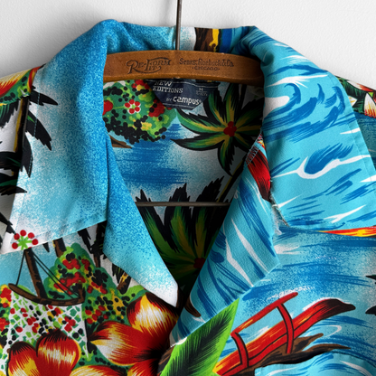 1970s Blue Hibiscus Palm Print Hawaiian Shirt