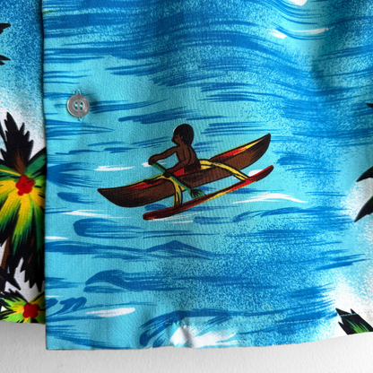1970s Blue Hibiscus Palm Print Hawaiian Shirt