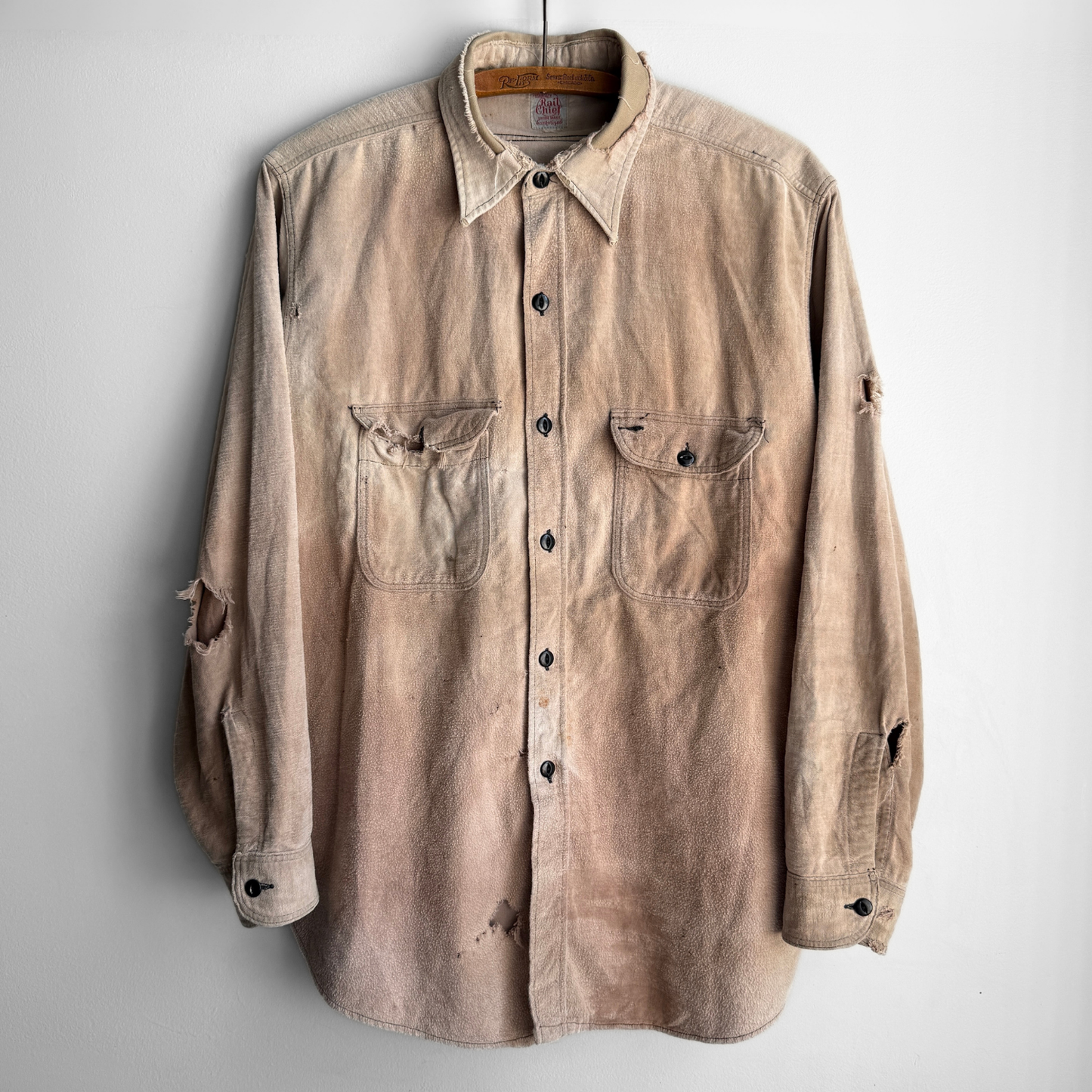 1940s Tan Distressed Chamois Flannel Work Shirt