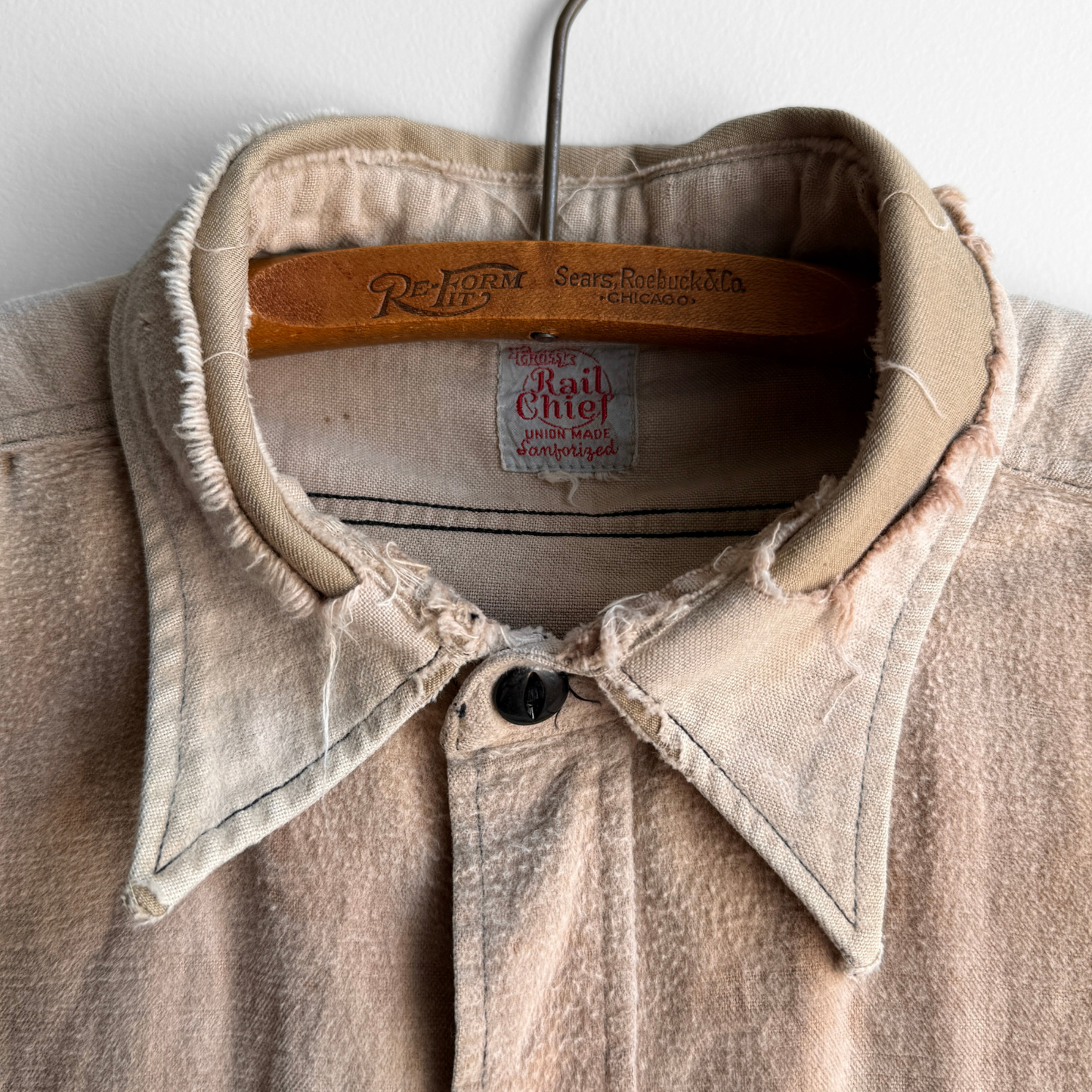 1940s Tan Distressed Chamois Flannel Work Shirt