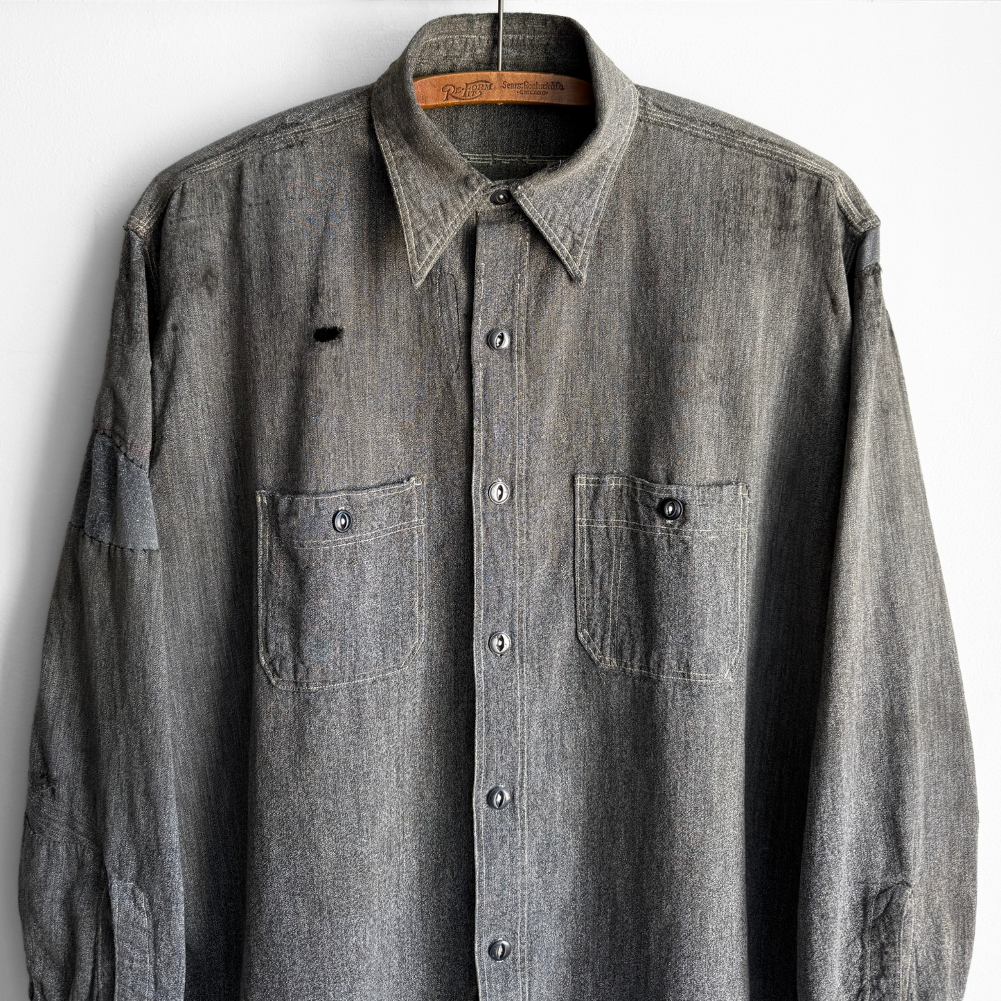 1930s Salt & Pepper Repaired Chambray Work Shirt
