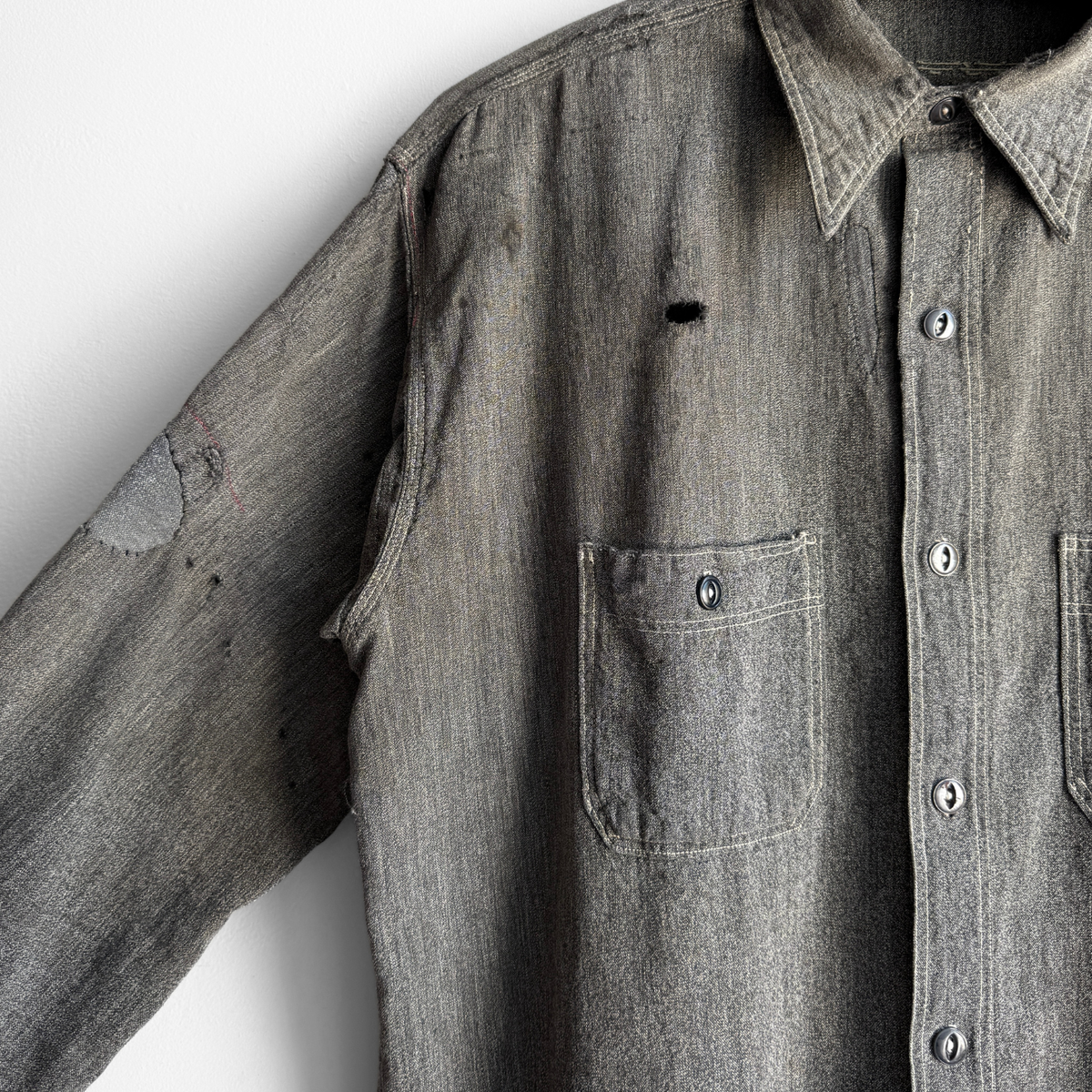 1930s Salt & Pepper Repaired Chambray Work Shirt