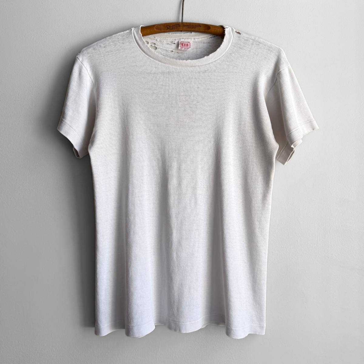 1960s Distressed White Ribbed Knit Cotton Tee