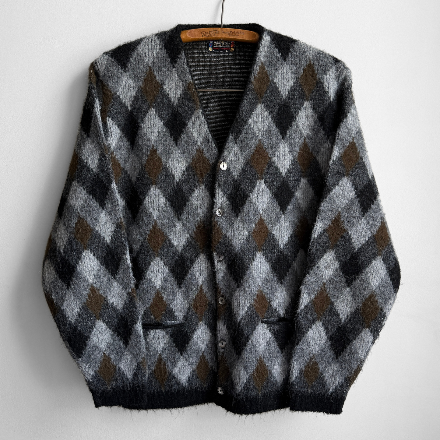 1960s Black & Brown Argyle Acrylic Knit Cardigan