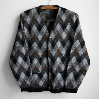 1960s Black & Brown Argyle Acrylic Knit Cardigan